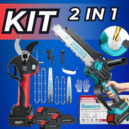 Kit Potatura 2in1 - Forbice Cesoia + Motosega + 4 Batterie 48V + KIT Accessori Lame e Catene